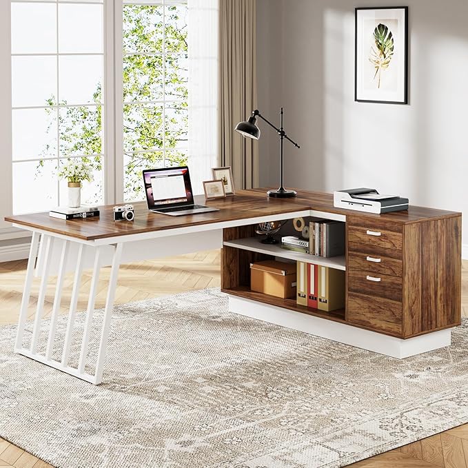 Tribesigns 71-Inch Executive Desk L-Shaped Desk with Cabinet Large Office Desk with Drawers and Storage Shelves Writing Table Computer Desk for Home Office Brown and White