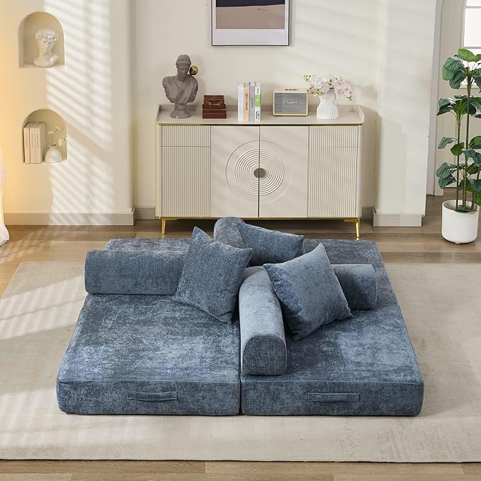 Convertible Folding Sofa Bed Modular Floor Couch 78.8‘’ Cloud Sleeper Sofa with Removable Backrest Chenille Foldable Mattress Couch Lazy Loveseat for Small Space Apartment Bedroom Blue
