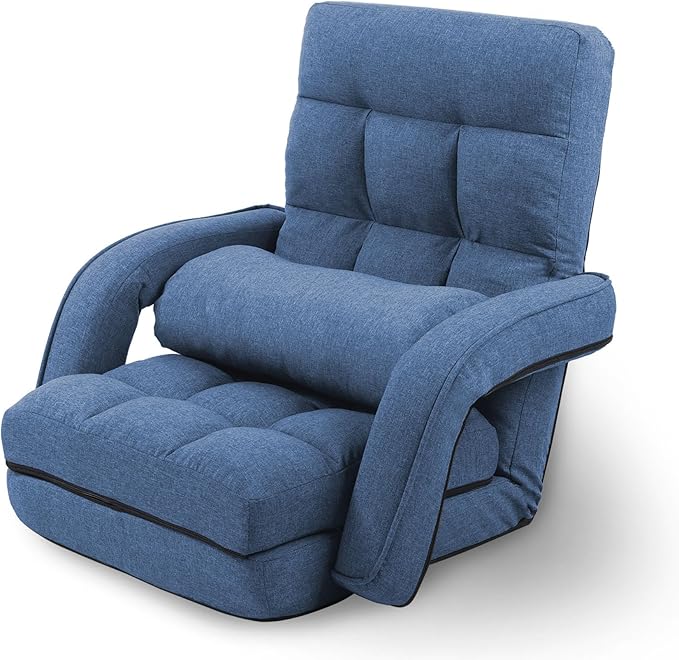 Adjustable Floor Chair for Adults with Back Suppor5-Position Folding Lazy Sofa with Pillow Gaming &amp Meditation Chair with Breathable Fabric - for Living Room Bedroom OfficeBalcony (Blue)