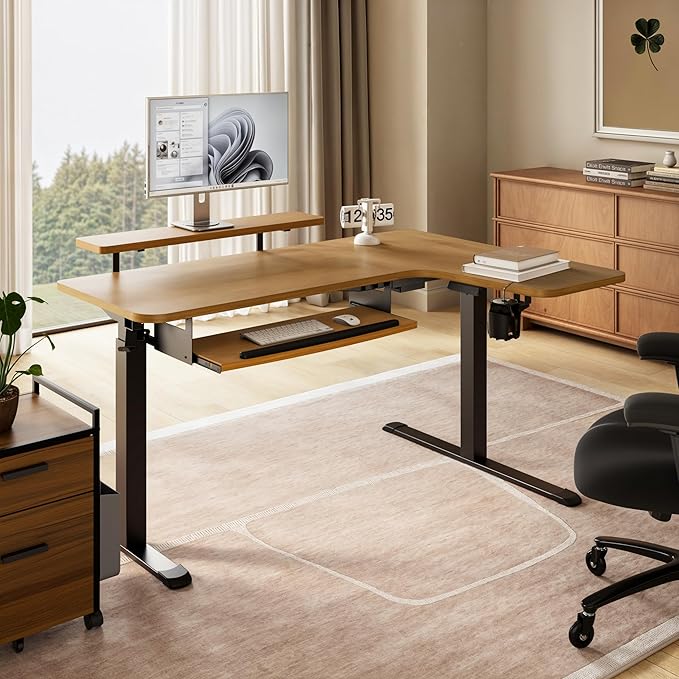EUREKA ERGONOMIC L Shaped Standing Desk w Solid Wood Tabletop61 Electric Corner Computer Desk Adjustable Height Desk w Keyboard TrayDual MotorLED Monitor StandRight/Oak