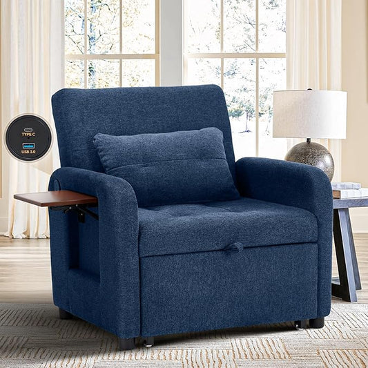 Convertible Sleeper Chair-Fabric Futon Sofa Bed Single Sleeper Sofa Small Couch Bed with USB Port Foldable Table Pillow Adjustable Backrest for Dorm/Bedroom/College DarkBlue