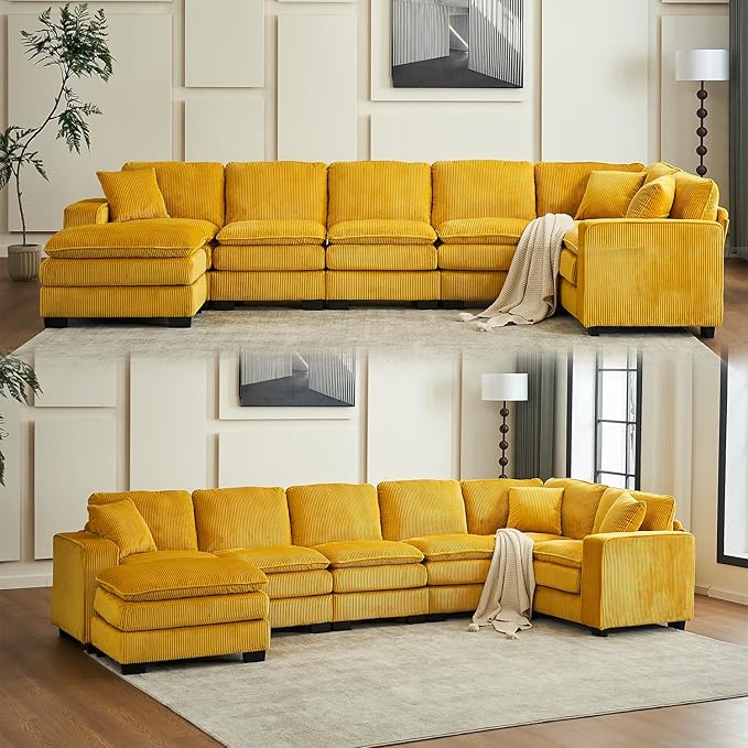143 Large Modular Sectional Sofa Convertible U - L Shaped 6-Seat Sofa Couch with One Ottoman Chaise and Pillows Sectional Couches Comfy Corduroy Upholstered Sofa Sleeper for Living Room (Yellow)