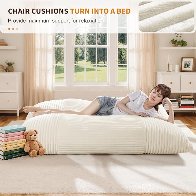 Oversized Comfy Cloud-Like Accent Chair Extra-deep Seat Bean Bag Chairs Convertible Stuffed Bean Bag Cushion with Removable Washable Cover Beige