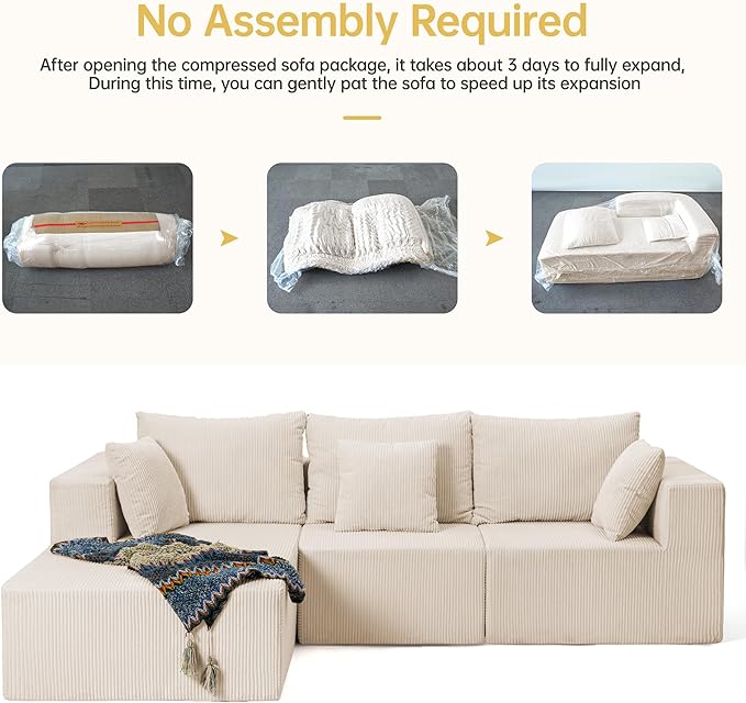 Modular Sectional Sofa Cloud Sectional Couch with L-Shape Chaise Modular Sofa with Deep Seat Upholstered Couches Boneless Sofa for Living Room Black(Left Facing Chaise3PCS)