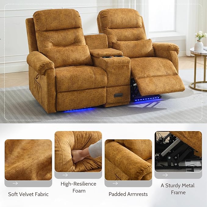 Power Lift Recliner LoveseatVelvet Reclining Loveseat Sofa RV Couch with ConsoleDual Power Lift Recliner Chair for Elderly with Heat and MassageElectric Lift Chairs for Living Room (Yellow)