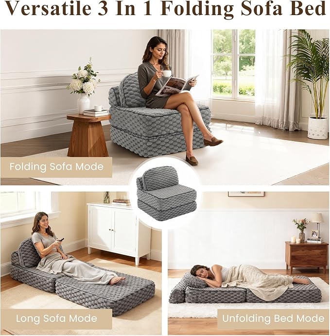 Folding Sofa Bed 3-in-1 Convertible Sleeper Chairs with PillowBack Support Fuzzy Fabric Floor Couch Bed for Adults Boneless Couches Living Room Bedroom Apartment Grey
