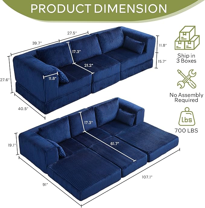 STHOUYN 106 Corduroy Folding Convertible Sleeper Sofa Bed Blue Pull Out Floor Modular Couch with Pillow Memory Foam Boneless Couchs Sectional for Living Room Bedroom (3 Navy Blue)