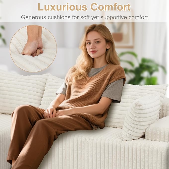 Redlife 95 L-Shaped Modular Sectional Sofa Faux Rabbit Fur Modular Floor Couch with Chaise High-Density 30D Foam Sponge No Assembly Required 5 Pillows Compressed for Living Room (Beige)