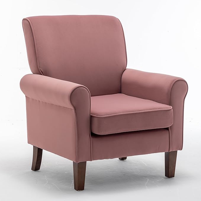 Classic Accent Armchair with Birch Wood Frame and Comfortable Rolled Armrests Arm Chairs for Living Room Bedroom and Office Decor Rose