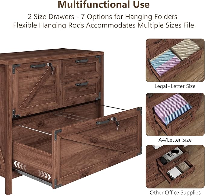 Lateral File Cabinet with 4 Drawers Farmhouse File Cabinet for Letter/Legal/A4 Size Hanging Files Large Wood File Storage Cabinets Printer Stand for Home Office Cabinets Brown with Lock