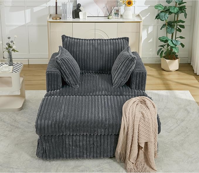 Eafurn Corduroy Accent Chair with Movable Ottoman 47.8 Oversized Reading Chair Lounge Armchair for Living Room Bedroom Small Space Modern Single Sofa Couch