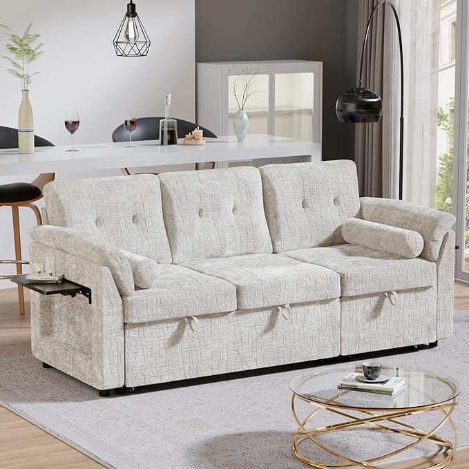 Convertible Queen Sofa Bed 63 Inch Chenille Pull Out Couch with Side Table 3 Seat Pull Out Sofa Bed with Level Adjustable Backrest Comfy Sleeper Sofas for Living Room Apartment Beige