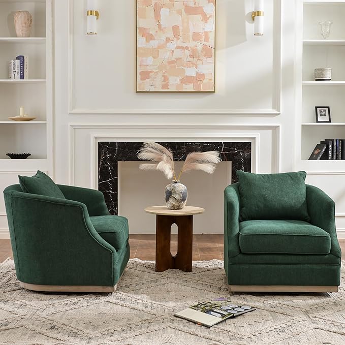 KINWELL 31 Wide Linen Fabric Swivel Barrel Chair Set of 2 FSC Certified Upholstered Swivel Armchair with Pillow Back for Living Room Bedroom Fully Assembled (Green)