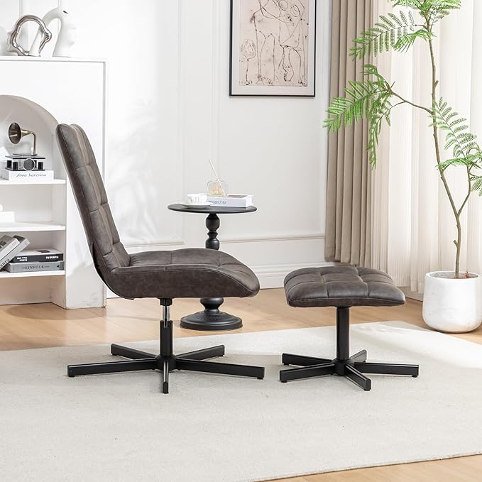 Roundhill Furniture Arlena 2-Piece Seating Set Faux Leather Tufted Accent Chair and Ottoman Brown