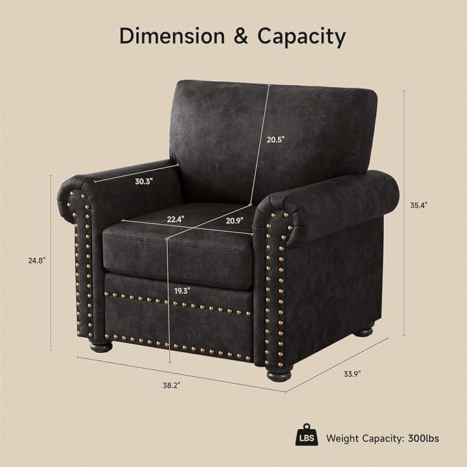 ONBRILL Nailhead Trim Accent Chair Faux Leather Club Chair for Living Room Comfy Armchair with Springs Cushions &amp Solid Wood Legs Traditional Rolled Arms Single Sofa for Bedroom Apartment Bla