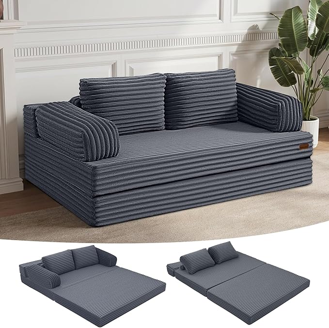 MeMoreCool Convertible Sofa Bed Folding Floor Couch Bed Queen Pull Out Sleeper Couch with Pillows Fold Out Futon Sofa for Bedroom Living Room Small Space Corduroy Grey