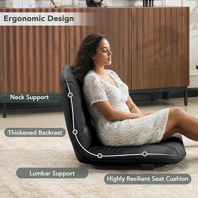 Furniliving 3 in 1 Folding Chair Foldable Floor Chair for Reading Lounging &amp Gaming Portable Camping Chair with Metal Frame Comfy Accent Chair Reading Chair for Indoor Living Room PU (Black)