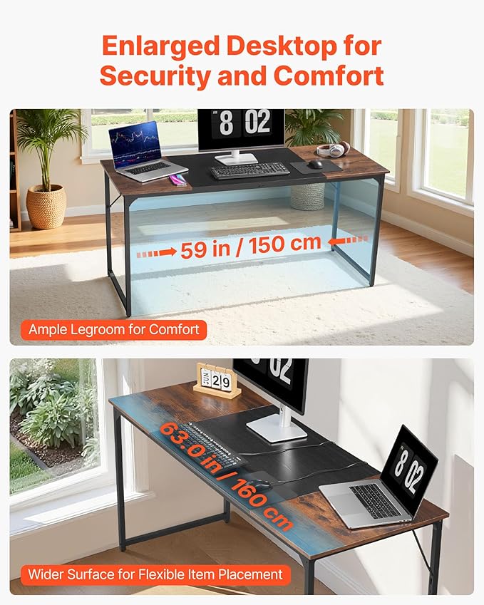 VEVOR Computer Desk 63 Inch Office Gaming Desk for Home Office Writing Study Work Modern Simple Table with Metal Frame for Large Legroom Rustic Brown and Black