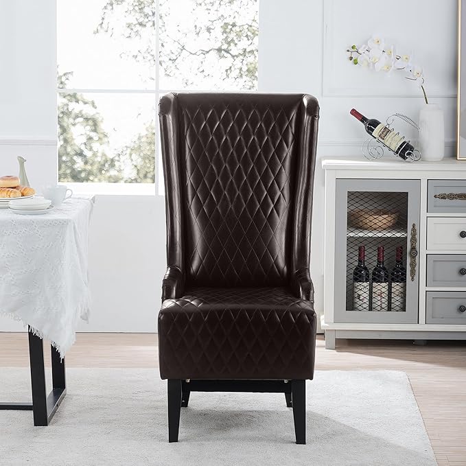 Dining Chair Comfy High Wingback Accent Chair for Dining Table PU Leather Upholstered Accent Side Chairs with Soft Padded &amp Wooden Legs for Living Room Dining Room Bedroom (Dark Brown)