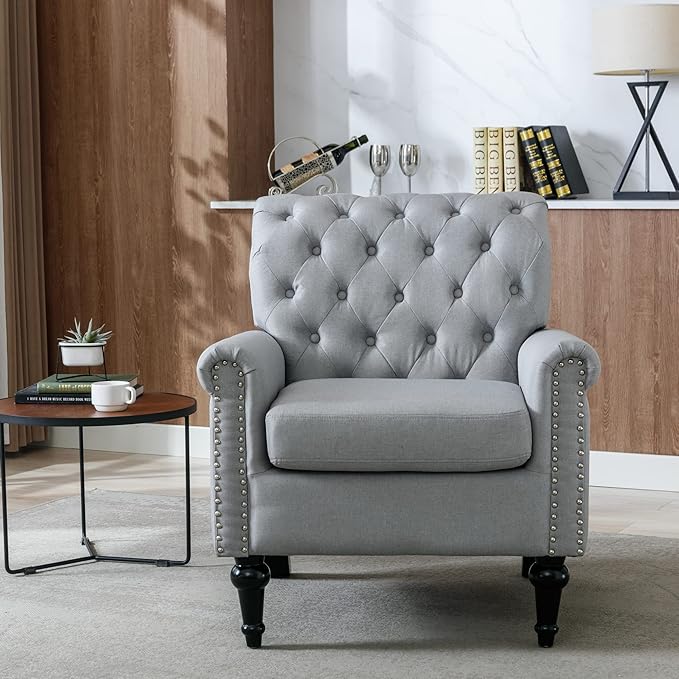 Upholstered Accent ChairsMid Century Armchair Sofa ChairsComfy Living Room ChairButton Tufted Reading Chair for Living Room BedroomStudy (2 Grey)