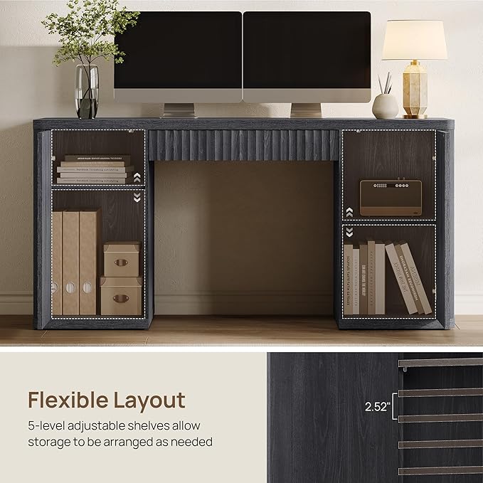 SICOTAS 61 Large Office Computer Desk with Storage Modern Home Office Desks with Drawer &amp Doors Fluted Desks Executive Desk Wooden Writing Table Vanity Table for Living Room Bedroom Black Alder