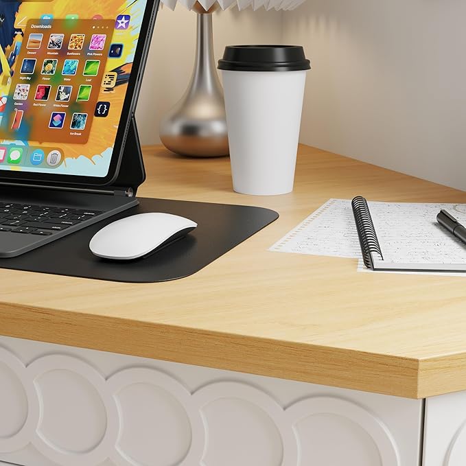 Small Corner Desk with Rotating Drawer &amp Open Shelves Triangle Study Writing Table with Circular Pattern Compact Computer Desk for Home Office White &amp Brown