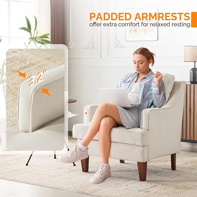 VINGLI Mid-Century Accent Chairs Beige Upholstered Armchair Comfy Sofa Chair Reading Chair High Back Living Room Bedroom Furniture for Apartment