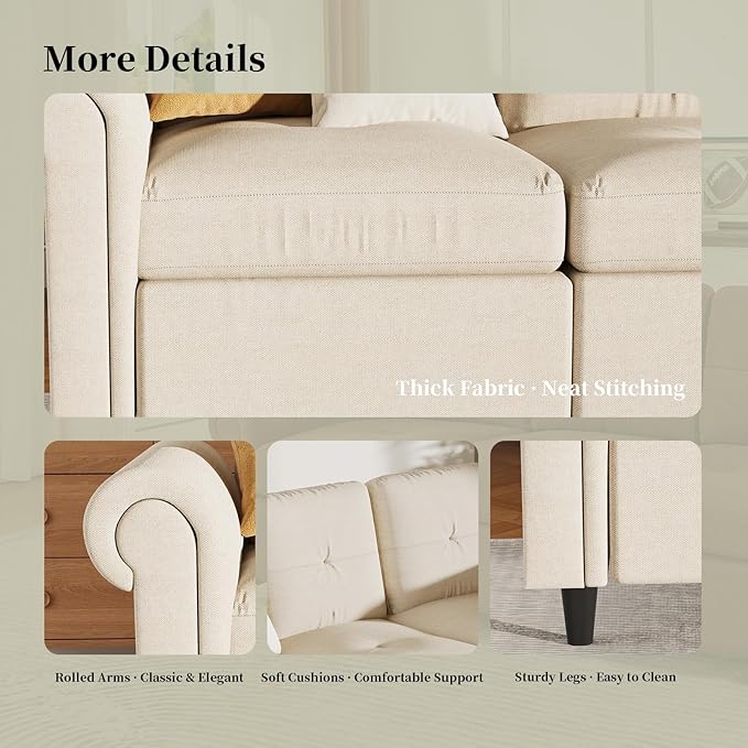 81.1 Modern Fabric Sofa Couch 3-Seater Beige Upholstered Sofa with Rolled Arms and Stitch-Tufted Cushions Comfortable Living Room Furniture for Home or Apartment