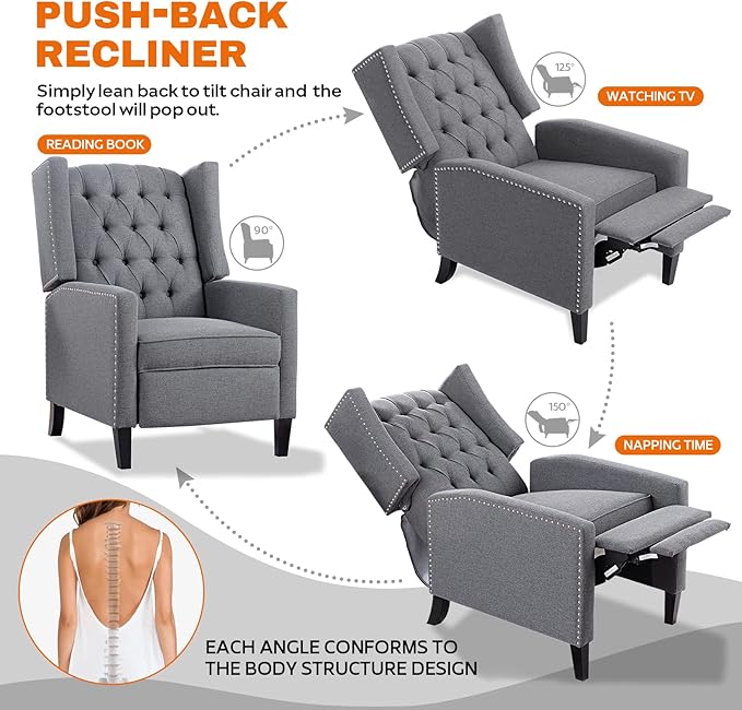 Gray Recliner Chair for Adults Accent Wingback Chairs Living Room Chair Mid-Century Modern Fabric Recliner Button Tufted Club Chair Upholstered Reclining Reading Arm Chair 27