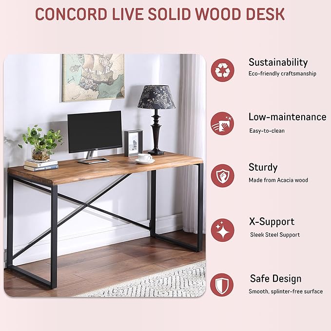 northbeam Concord Live Edge Solid Wooden Desk – Acacia Hardwood Desk with Industrial Steel Frame Spacious Workstation for Home Office Study with X-Brace Support Durable Writing Table