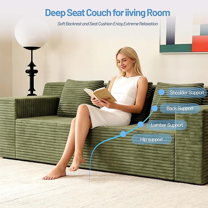Boneless Couches for Living Room 71 Modern 3 Seater Sofa with Deep Seat Comfy Cloud Couch Sofa with Corduroy Fabric Memory Foam Floor Sofa with ArmrestsNo Assembly Required (Green) | Deep Seat C