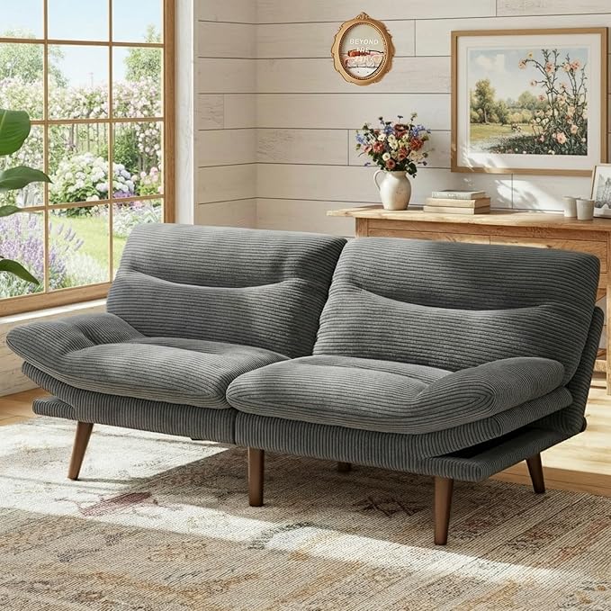 Marsail 74.8 Futon Sofa Bed Corduroy Convertible Futon Couch with Adjustable Backrest &amp Armrests Small Sleeper Sofa Loveseat for Small Apartments Study Room Office Grey