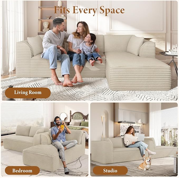 Vesgantti 106 Modular Sectional Sofa with Chaise Deep Seat Comfy Cloud Couch Corduroy L Shaped Sofa Sectional Couches for Living Room Bedroom No Assembly Required (Camel Right-Facing Chaise)