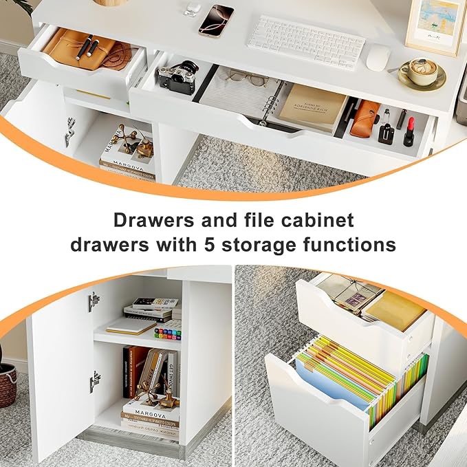 Computer Desk with 4 Drawer &amp Storage Shelves 58 White Office Desk with File Drawer &amp Cabinet Small Study Desk with Monitor Stand &amp Printer Shelf for Bedroom Small Spaces White