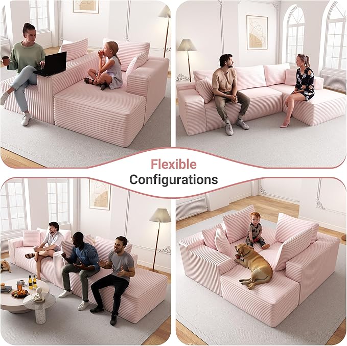 104 Cloud Sectional Sofa with L-Shaped Chaise Plush Corduroy FabricModern Modular CouchUpholstered Deep Seat for Living Room BedroomNo Assembly Required 3-Seater (Right Facing Chaise) Pink
