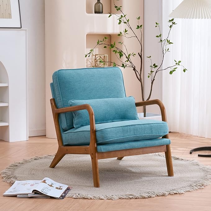 Accent Chair Upholstered Mid-Century Modern Chair with Lumbar Pillow&ampSoft CushionLounge Reading Armchair with Solid Wood Framefor Living Room Bedroom Balcony Teal