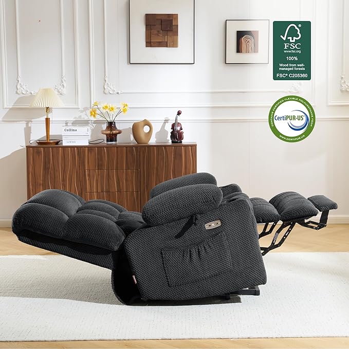 MCombo Dual Motor Power Lift Recliner Chair with Massage and Heat for Elderly People Infinite Position USB Ports Cup Holders Fabric 7890 (Medium Dark Gray)