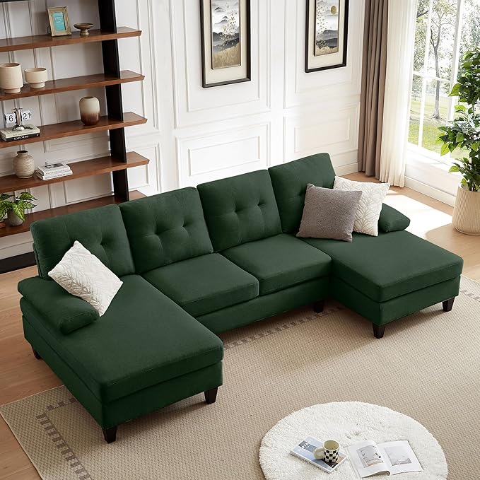 111 Sectional Couch for Living Room Modern Polyester Fibre U Shaped Sofa Couches with Double Chaise Upholstered 4 Seater Sofa for Living Room Apartment Office Dark Green