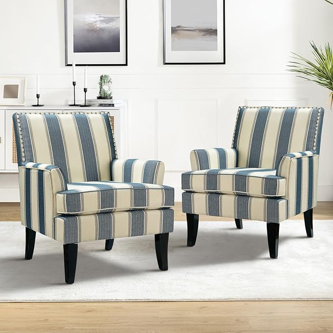HULALA HOME Modern Accent Chair for Living Room Upholstered Fabric Single Sofa Chair Wingback Armchair with Wooden Legs for Bedroom Office Reading or Waiting Room Stripe Blue