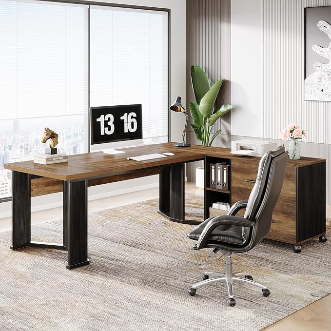 Tribesigns 70.86 Executive Desk with Mobile File Cabinet Large L Shaped Computer Office Desk with 2 Drawers and Storage Shelves Business Furniture Desk Workstation for Home Office (Rustic Brown)