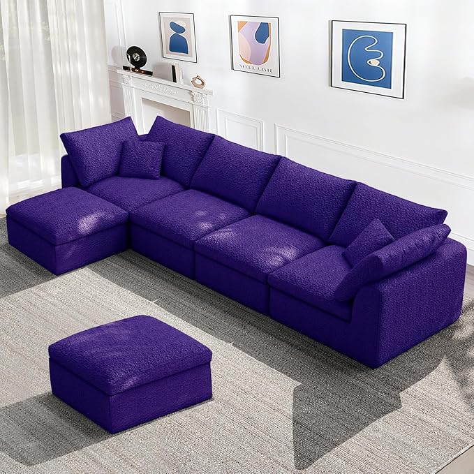 137 Inch Modular Sectional Sleeper Sofa Boneless Cloud Couch for Living Room U Shaped Sofa Free Combination No Assembly Required (Purple 137 inch - U Shape 6 Seat)