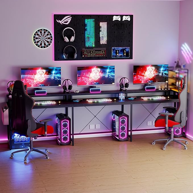 U Shaped Desk with Power Outlets USB Ports &amp RGB LED Lights 79 Inch Large Corner Computer Desk with Monitor Stand Reversible Gaming Desk for Home Office Ergonomic Workstation (Black)