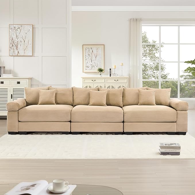 KEIKI 130 Oversized Corduroy Modular Cloud Sectional Sofa with High-Density Foam Cushions Extra-Thick Armrest Upholstered Modern 3-Seater Fluffy Corner Couch with 9 Pillow for Living Room Camel