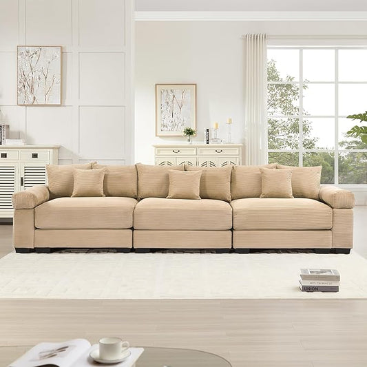 KEIKI 130 Oversized Corduroy Modular Cloud Sectional Sofa with High-Density Foam Cushions Extra-Thick Armrest Upholstered Modern 3-Seater Fluffy Corner Couch with 9 Pillow for Living Room Camel