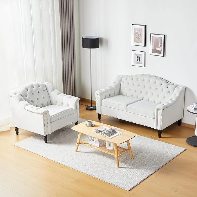 LEVNARY Chesterfield Loveseat Velvet Upholstered Sofa with Button-Tufted Back Mid-Century Modern Sofa with Solid Wood Legs 2 Seater Couches for Living Room (White)