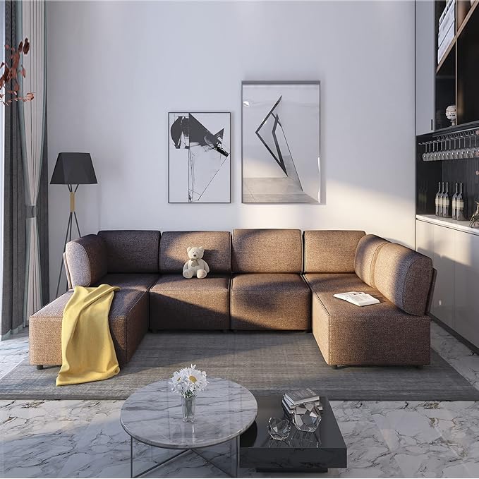 Mjkone 120 Inch U Shaped Sectional Couches for Living Room Convertible L Shaped Sectional Sofa with Ottoman Oversized Sleeper Sofa Linen Fabric Deep Modular Sectional Sofa 6PCS Dark Brown