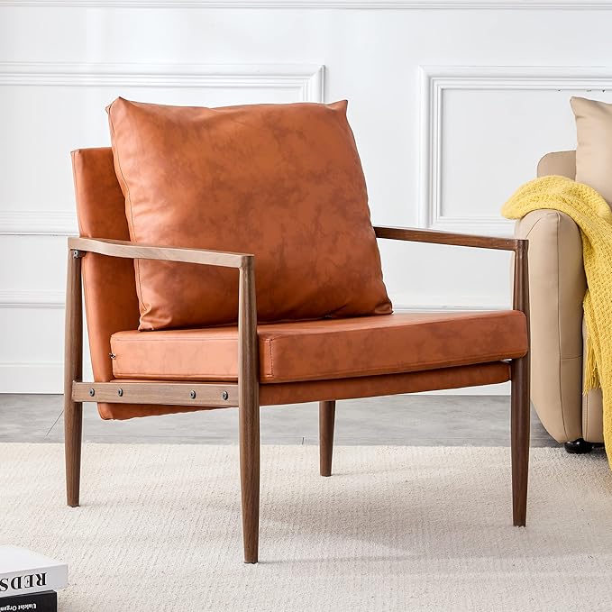 PU Leather Accent Arm Chair Mid Century Modern Upholstered Armchair with Imitation Solid Wood Walnut Color Metal Frame Extra Thick Padded Backrest and Seat Cushion Sofa Chairs for Living Room