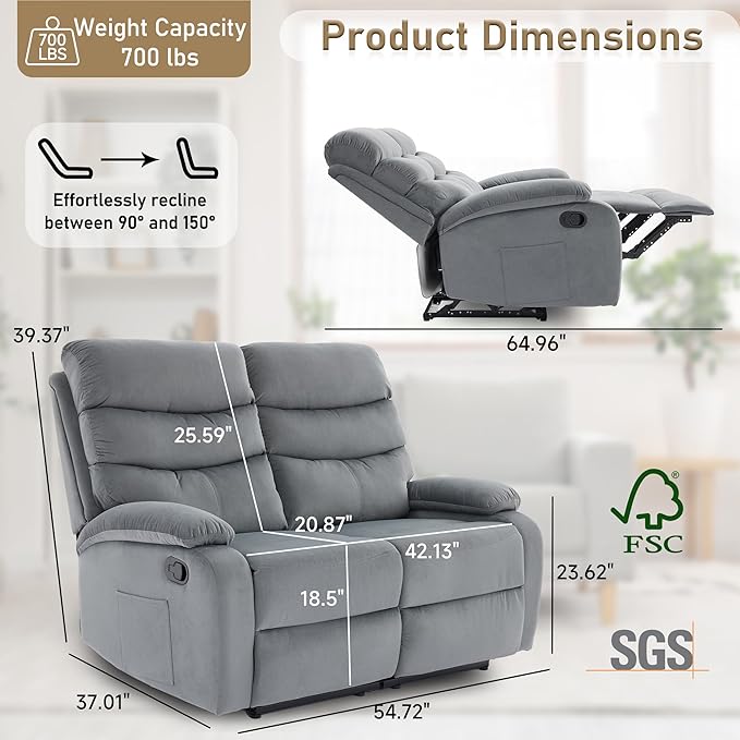Velvet Recliner Loveseat Manual Double Loveseat Recliner RV Reclining Love Seat with Side Pockets for Living Room Home Theater