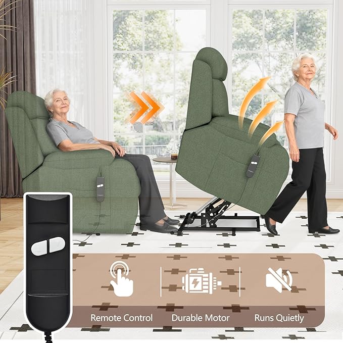 cinkehome Small Power Lift Recliner for Elderly Lift Chair Recliners Electric Recliner Chairs for Seniors Remote Control Adjustable Side Pocket (Green)