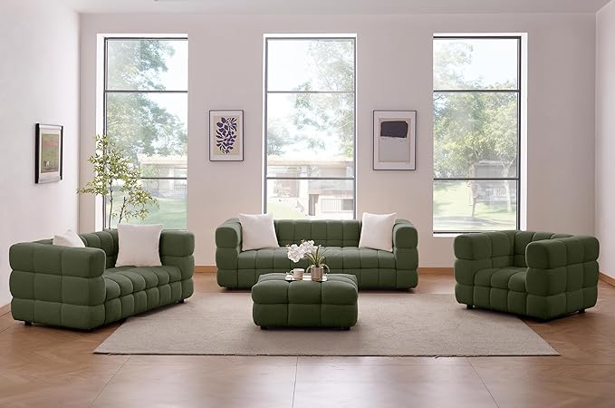 Modern Boucle Loveseat Couch for Living Room 61'' Sherpa Upholstered Sofa Couch Comfy Cloud Deep Seat Sofa Luxury Minimalist Plush Fluffy Couch for Small Apartment Office 2 Pillows Green